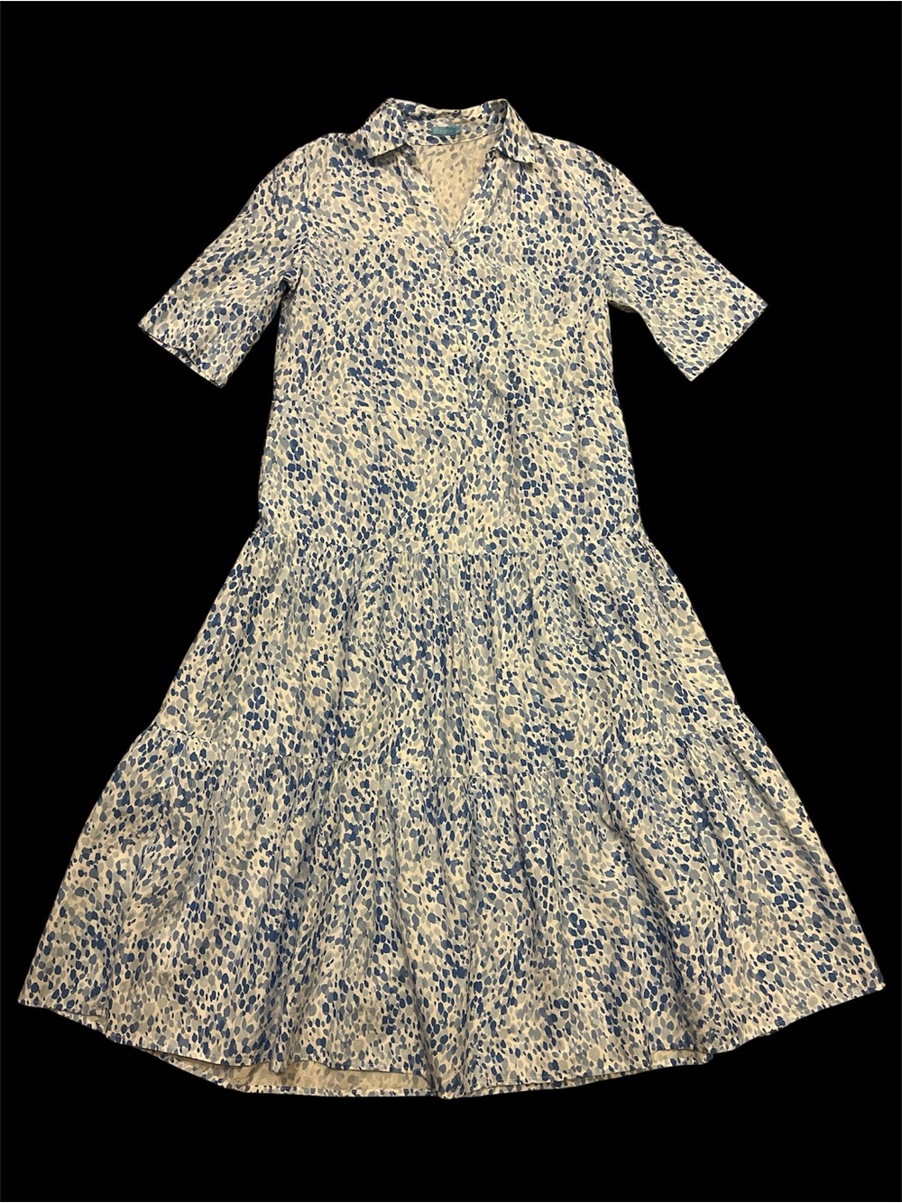J. McLaughlin Silk Cotton Tiered Midi Shirt Dress Short Sleeve Blue White Small